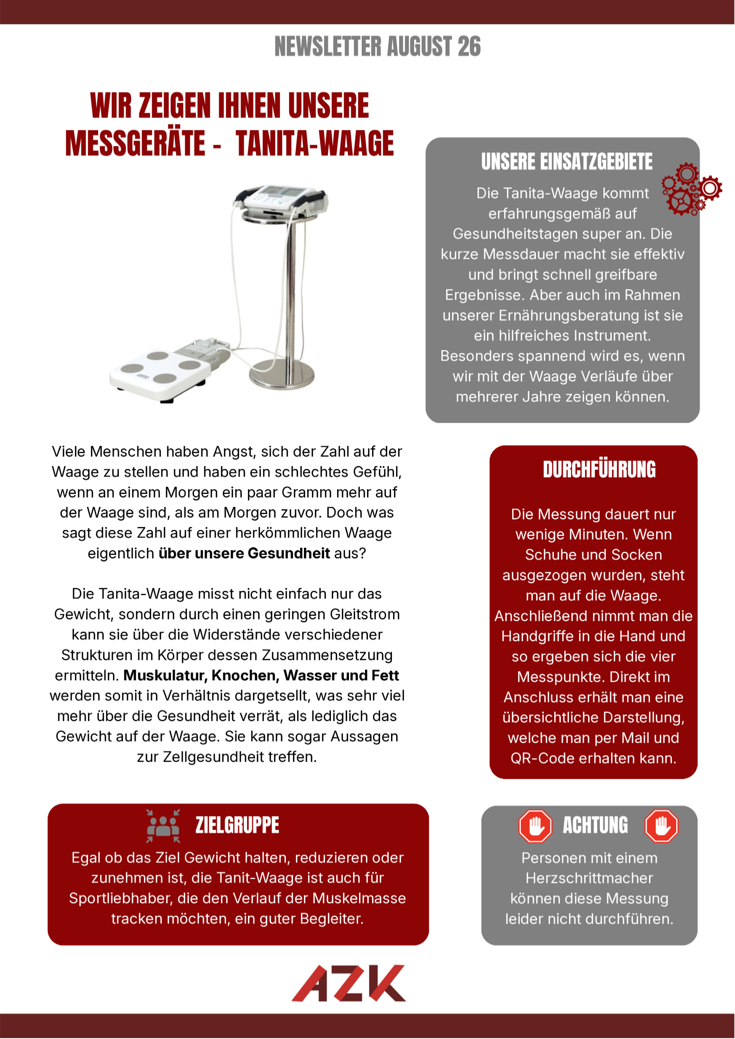 Newsletter August 2026: Wir zeigen Ihnen unsere Messgeräte – Tanita-Waage. Informationen zu Einsatzgebieten, Durchführung, Zielgruppe und Hinweisen.